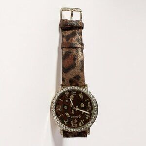 Adrienne Leopard Print Quartz Watch With Rhinestone Bezel & Leather Band
